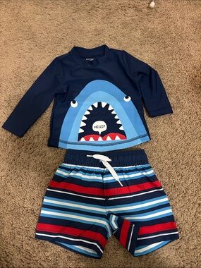 Boys Navy Shark Rash Guard Set - Navy & Multi Stripe